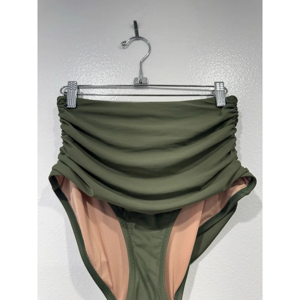 J Crew Green Bikini Bottom High Waist Ruched Small Full Coverage Style# BF168